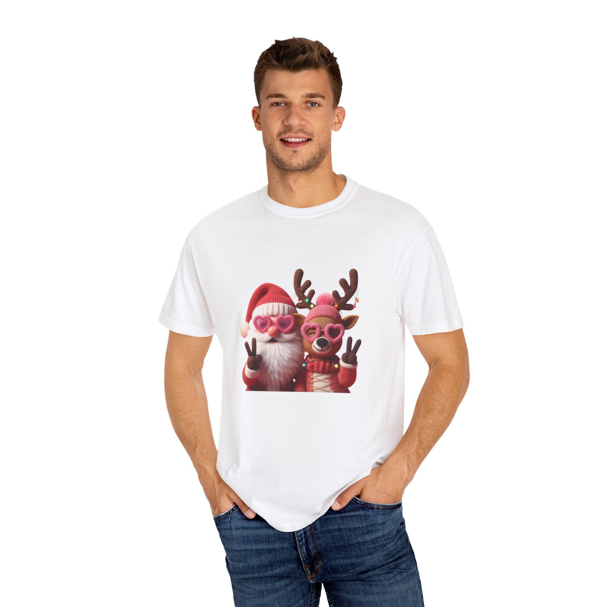 Christmas Santa & Reindeer Holiday T-Shirt — Cute Festive Couples Tee