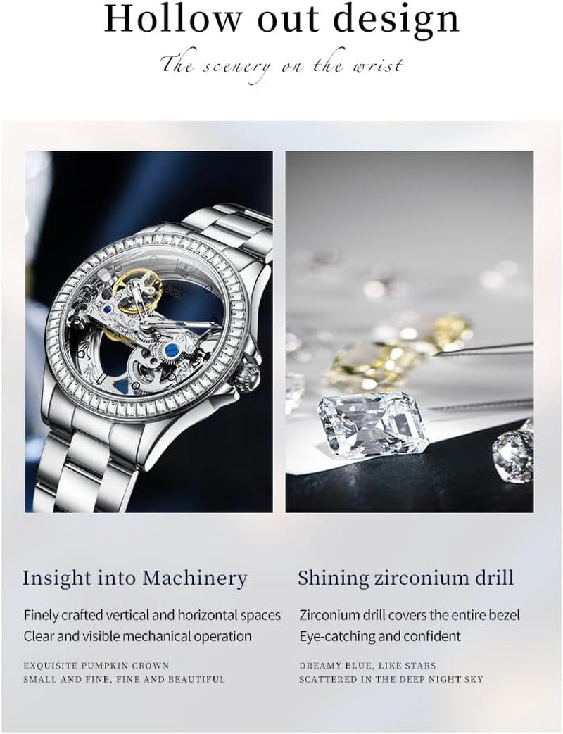 Automatic Watch for Women Luxury Diamond Rose Gold Ladies Self Winding Mechanical Ceramic Wrist Watch Love Heart Date